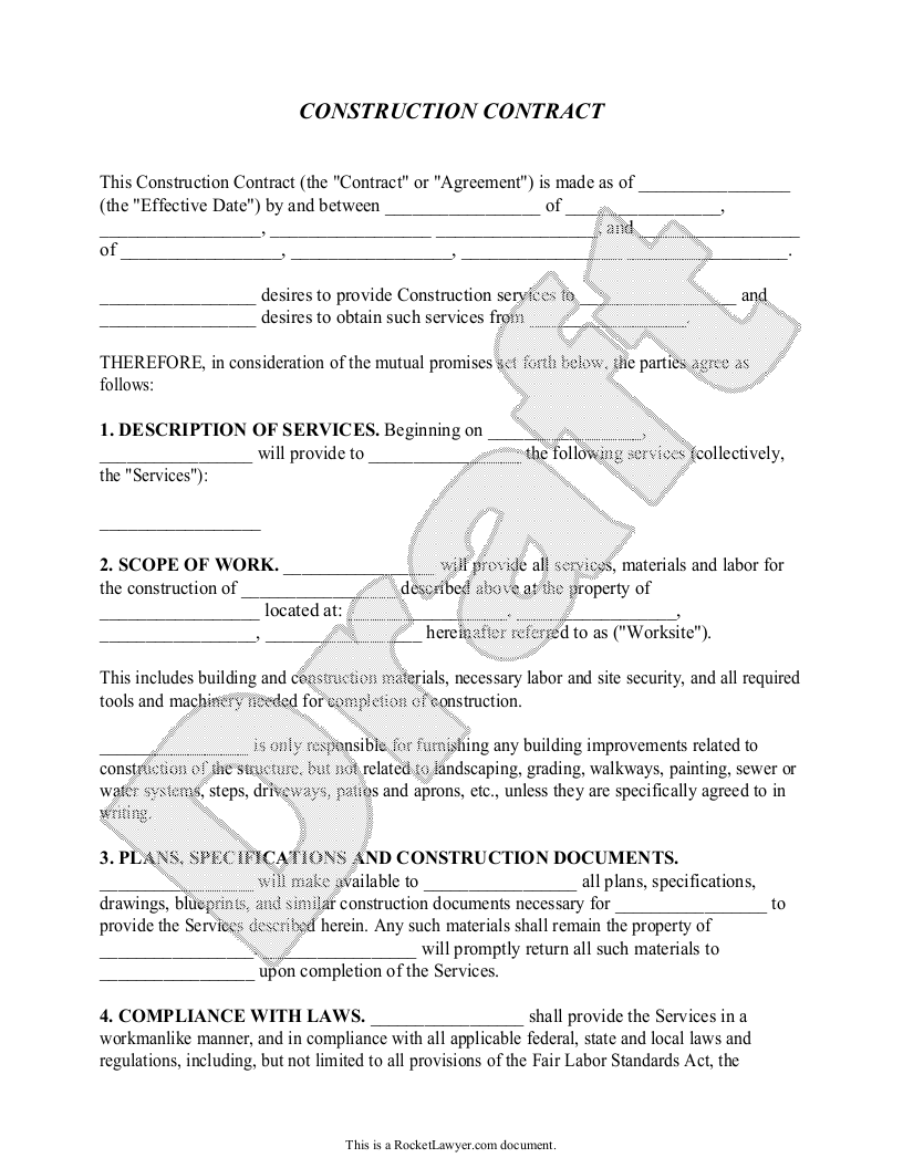 Free Construction Contract  Free to Print, Save & Download