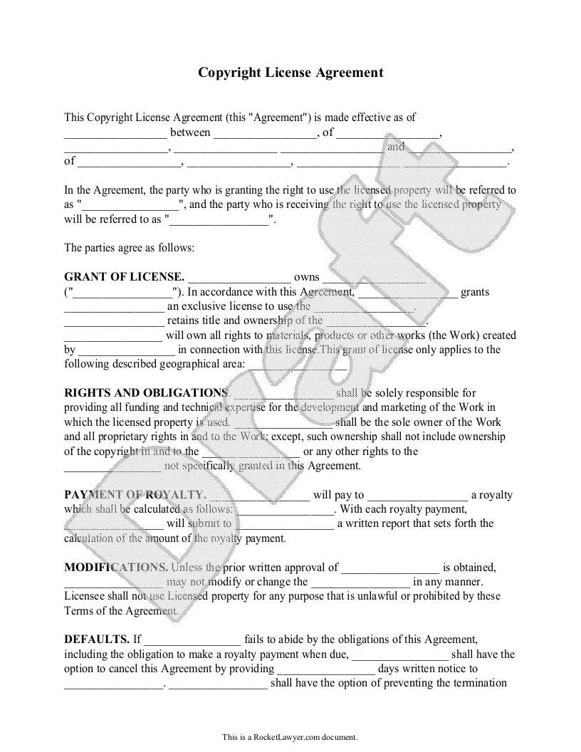 Free Copyright License Agreement  Free to Print, Save & Download