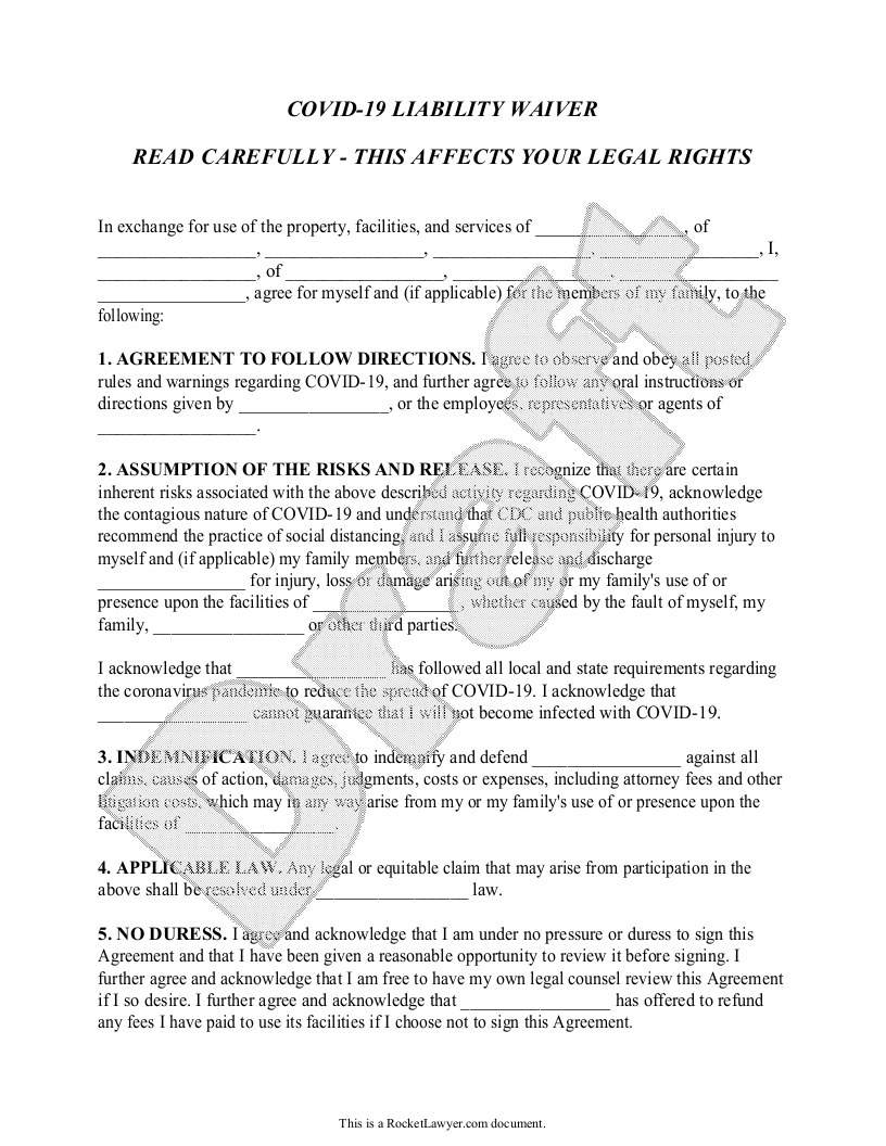 Free COVID-25 Liability Waiver  Free to Print, Save & Download