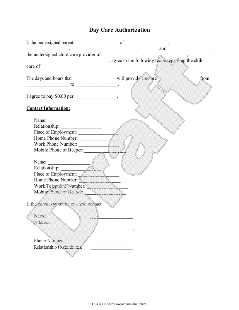 Sample Day Care Authorization Form Template
