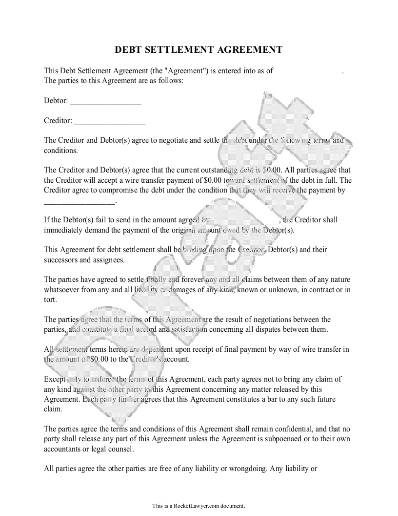 Free Debt Settlement Agreement  Free to Print, Save & Download With free debt settlement agreement template