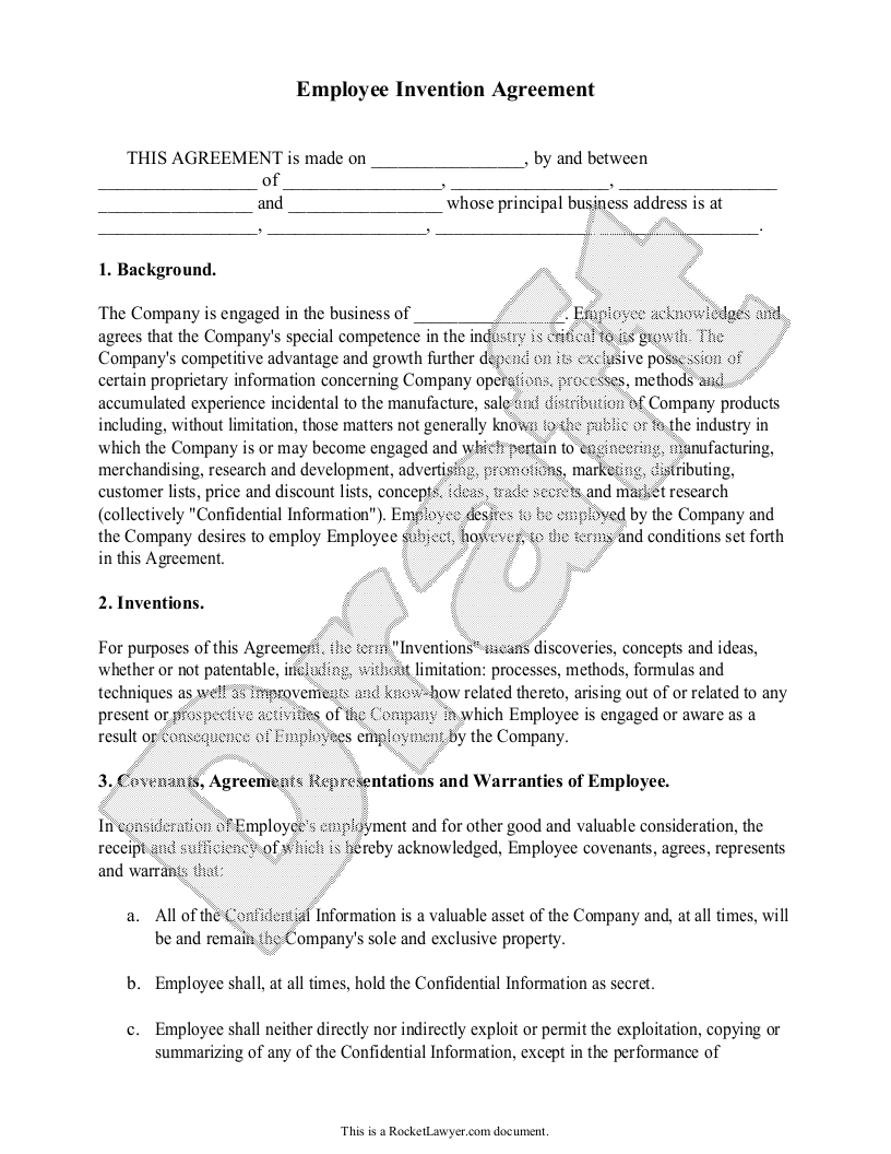 Free Employee Invention Agreement  Free to Print, Save & Download With Regard To invention assignment agreement template