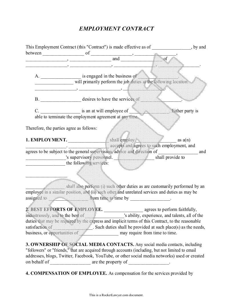 Free Employment Contract  Free to Print, Save & Download With Blank Legal Document Template