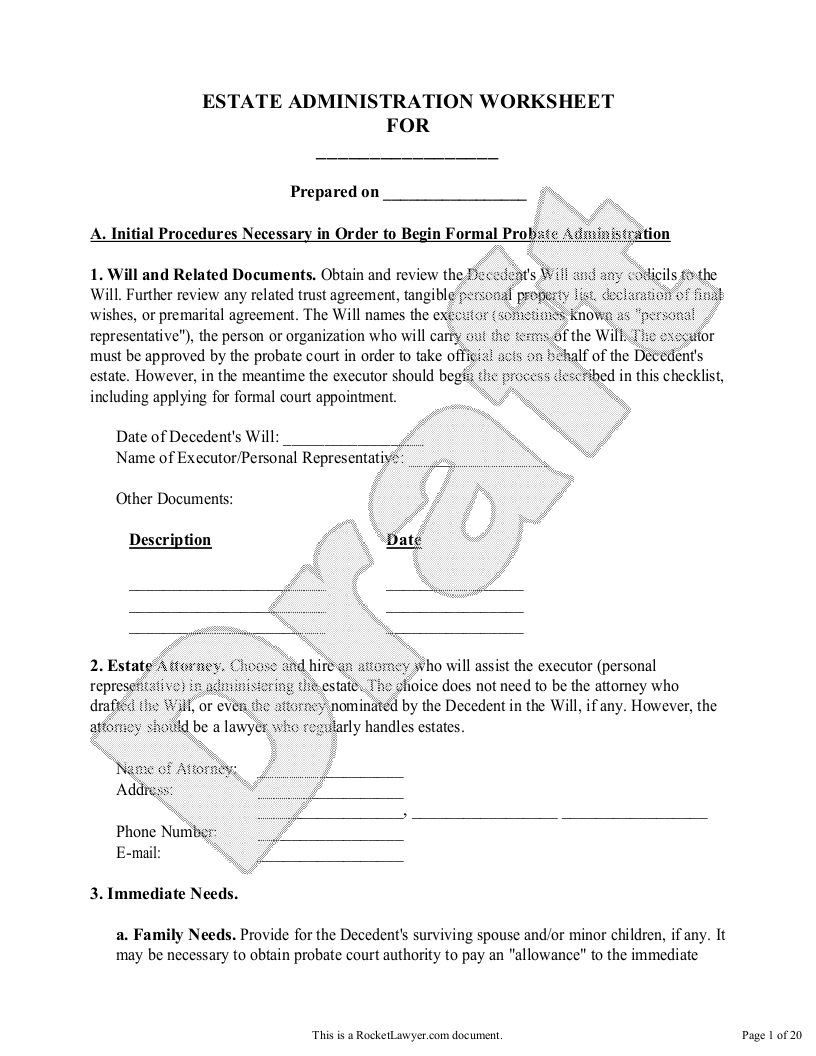 Free Estate Administration Worksheet  Free to Print, Save & Download With Estate Distribution Letter Template