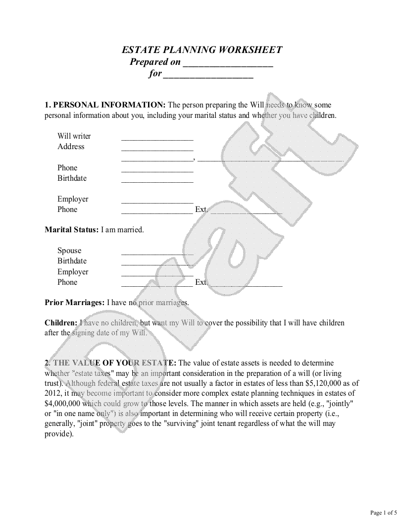 Sample Estate Planning Worksheet for Married People Template