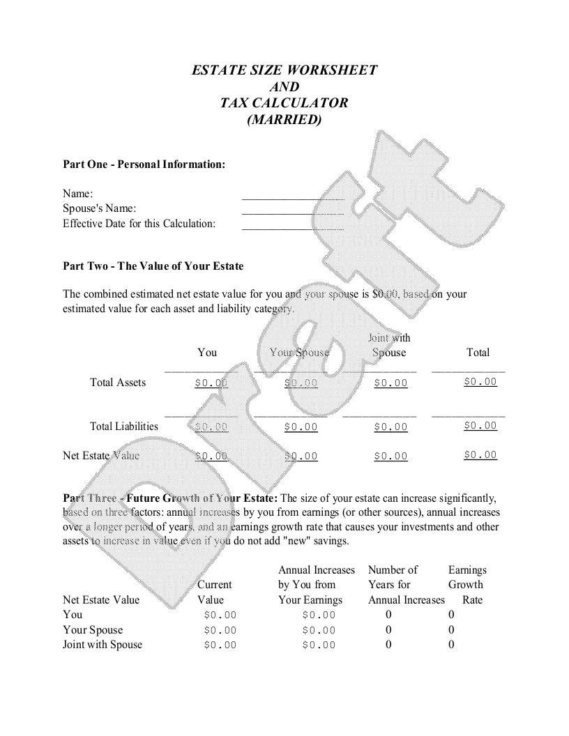 Sample Estate Size Worksheet and Tax Calculator - Married Template