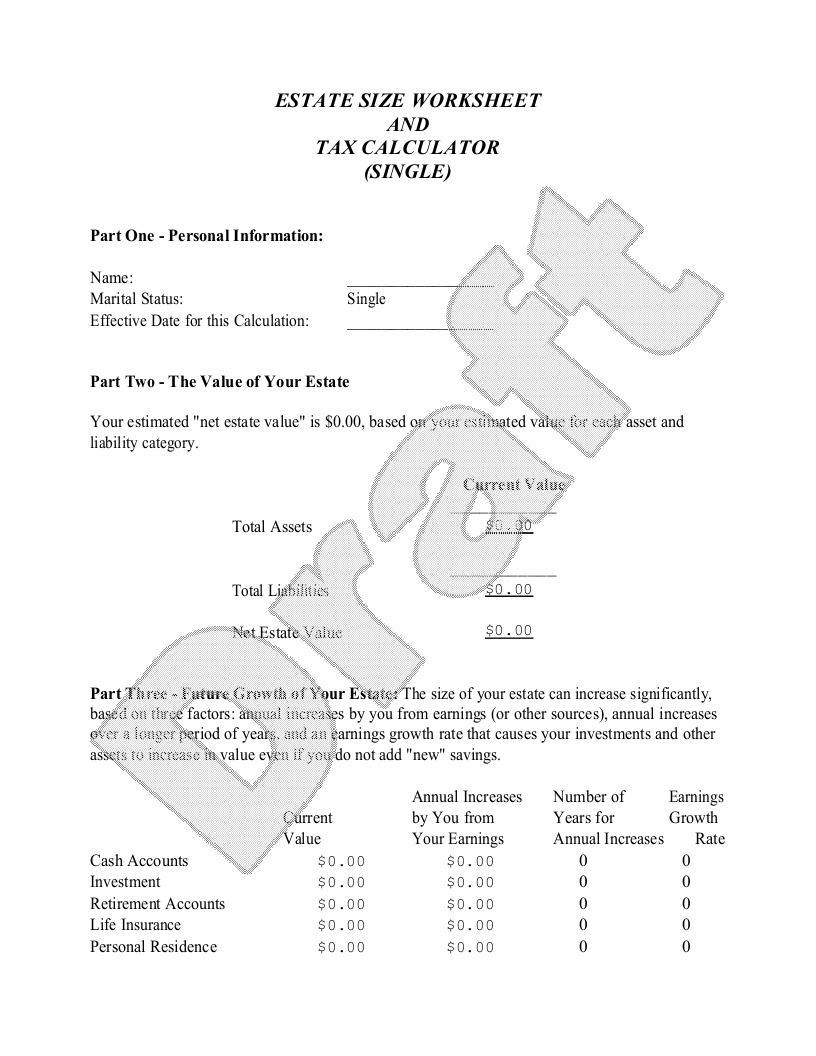 Sample Estate Size Worksheet and Tax Calculator - Single Template
