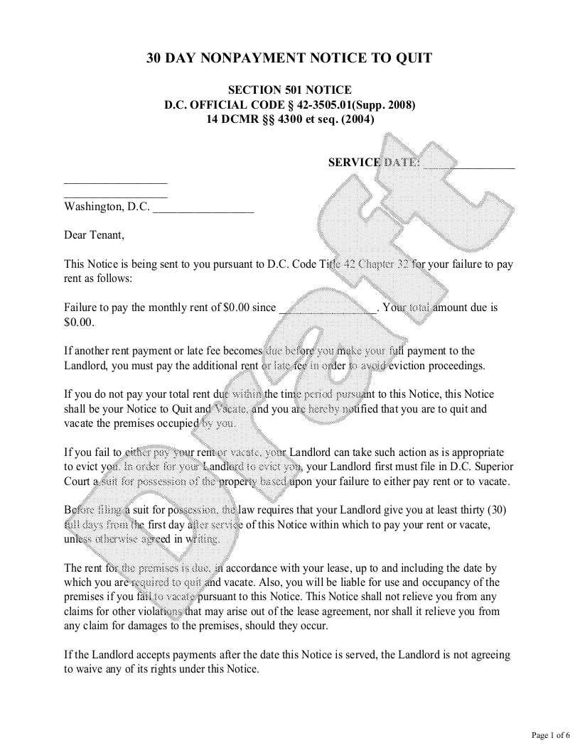 Sample District of Columbia Eviction Notice Template