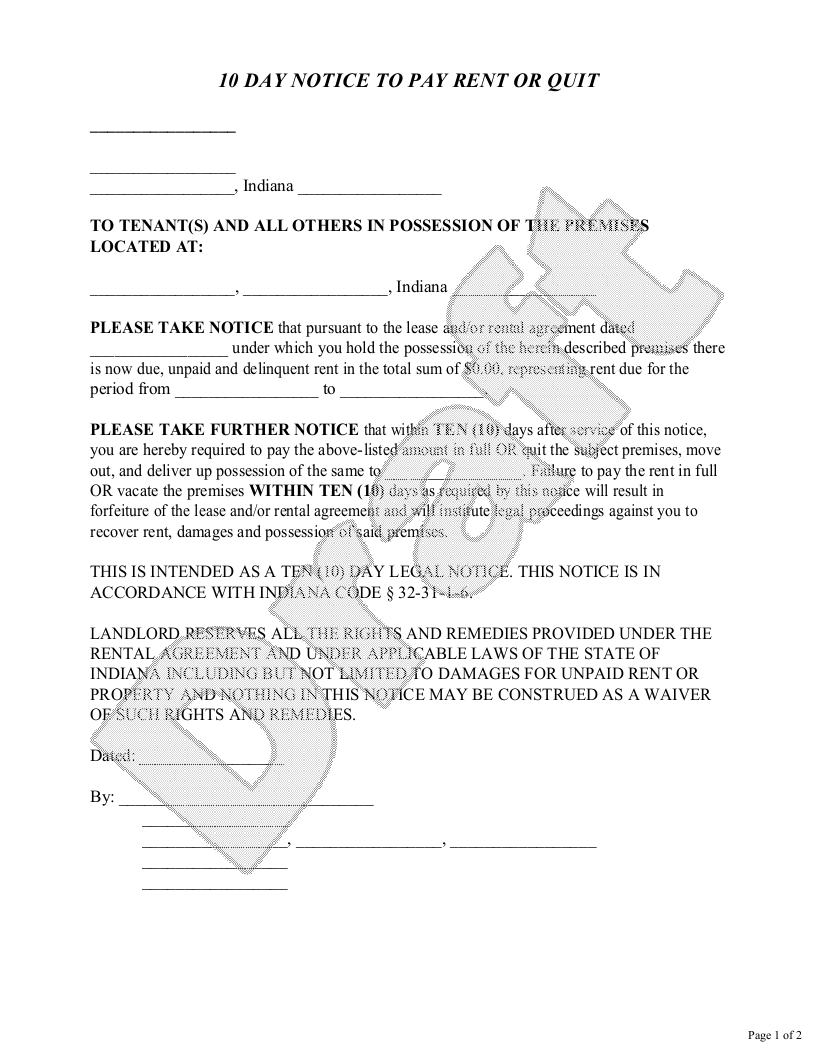 Sample Indiana Eviction Notice Template