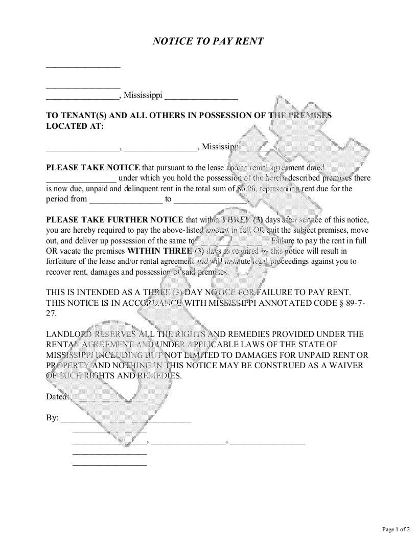 Sample Mississippi Eviction Notice Template