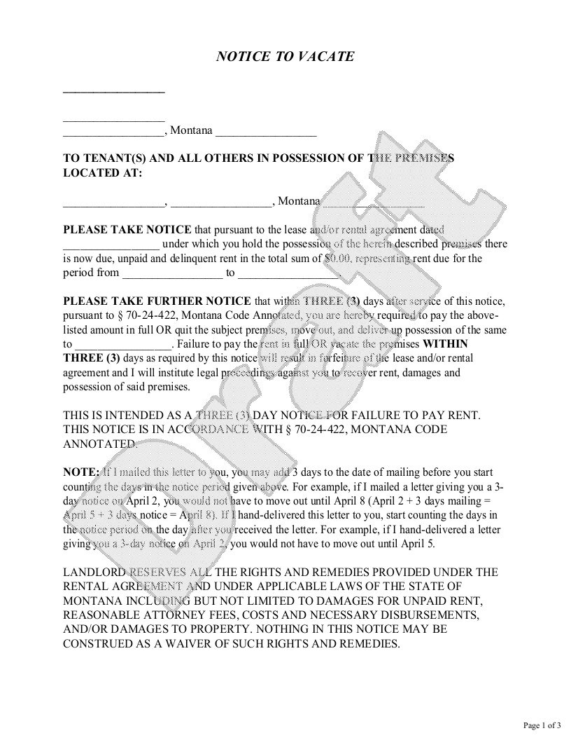Sample Montana Eviction Notice Template