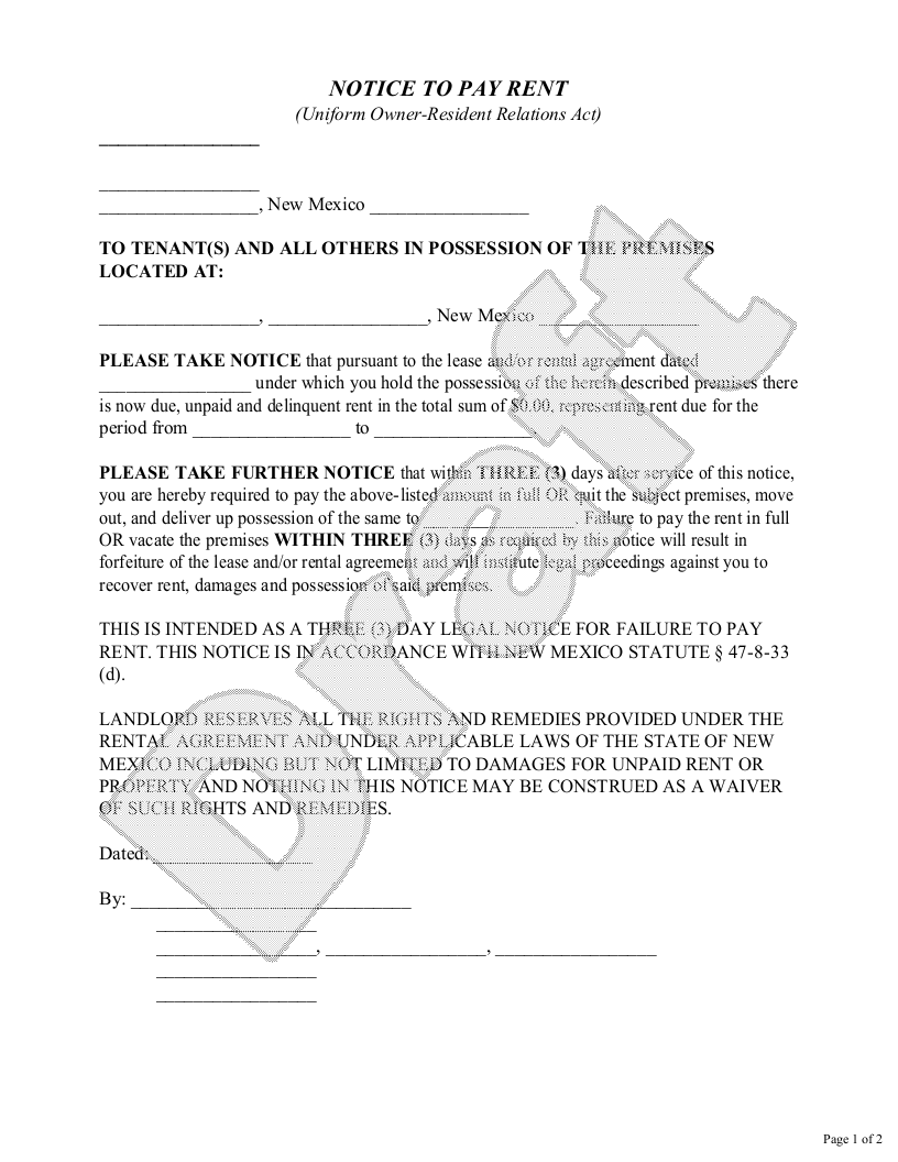 Sample New Mexico Eviction Notice Template