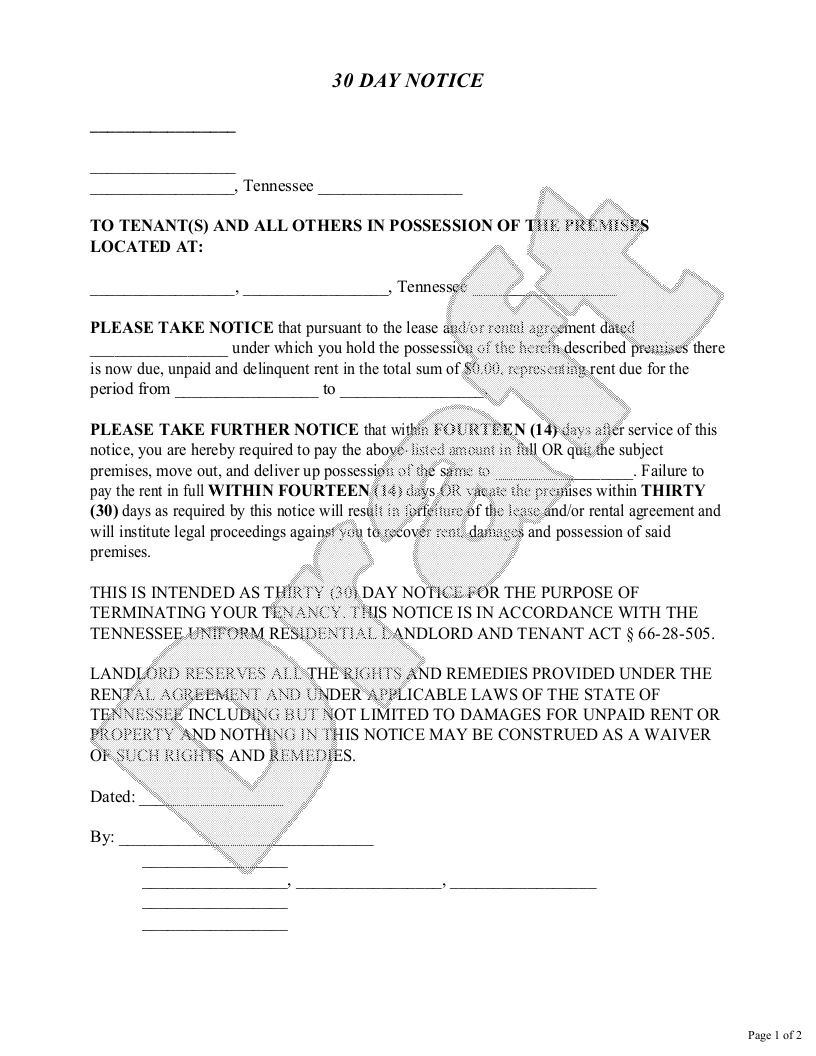 Sample Tennessee Eviction Notice Template
