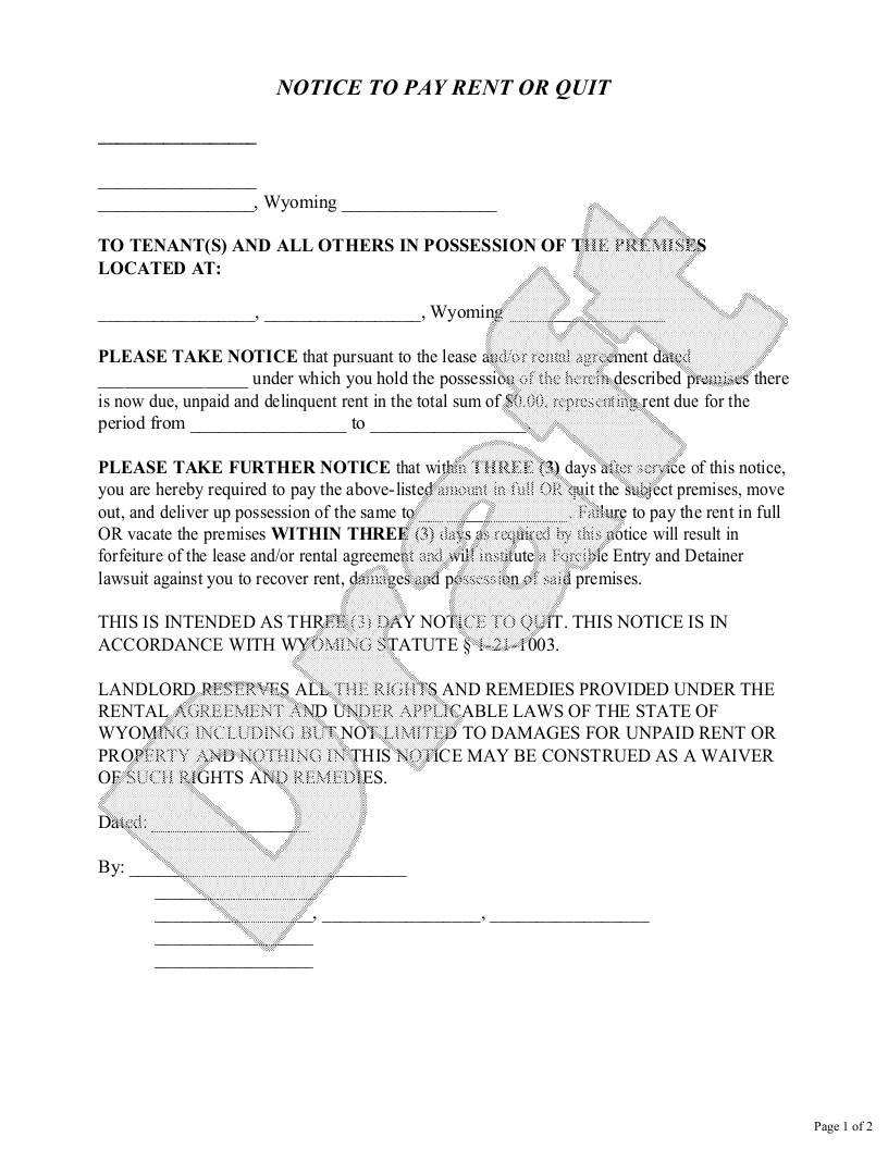 Sample Wyoming Eviction Notice Template