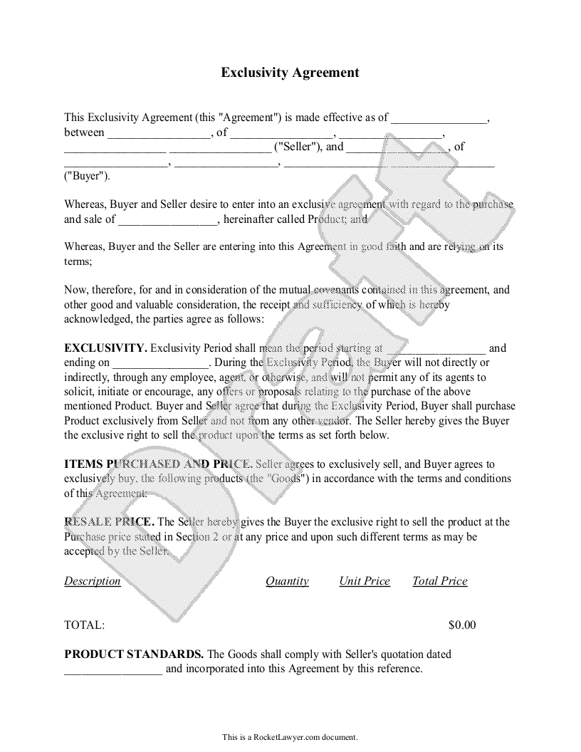 Sample Exclusivity Agreement Template