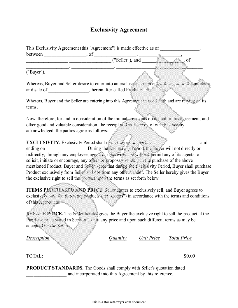 Free Exclusivity Agreement Free To Print Save Download