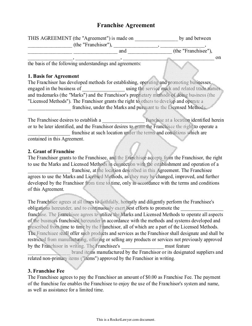 Free Franchise Agreement Free To Print Save Download