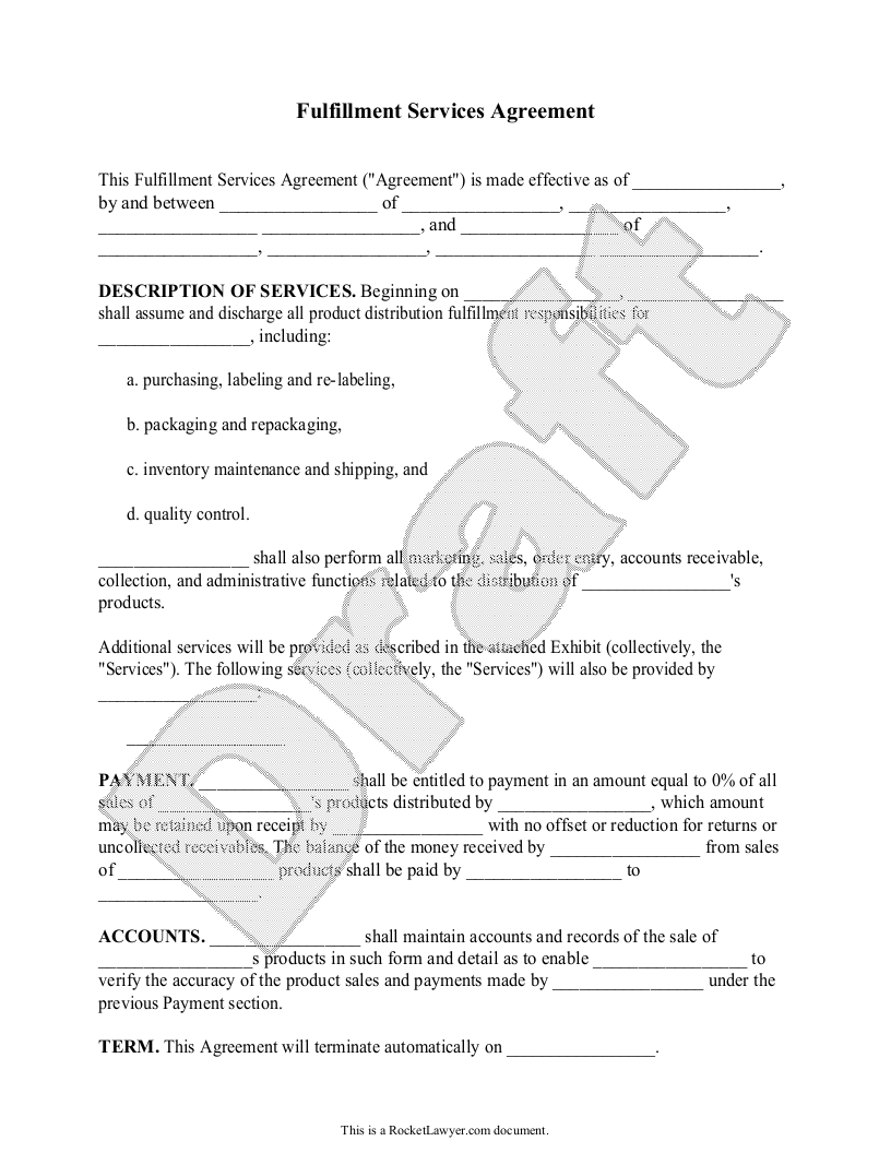 Free Fulfillment Services Agreement  Free to Print, Save & Download Regarding vendor take back agreement template