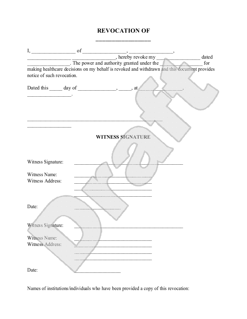 Sample Healthcare Power of Attorney - Revocation Template