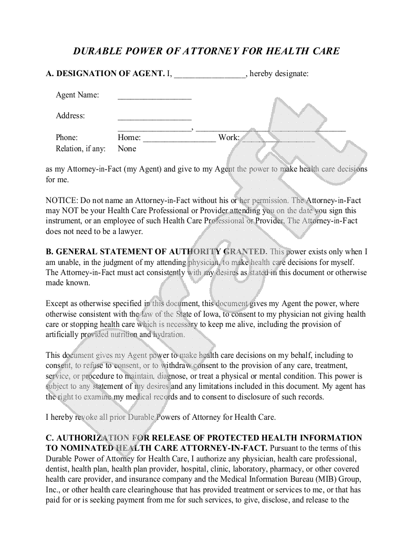 Sample Iowa Healthcare Power of Attorney Template