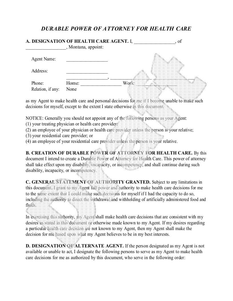 Sample Montana Healthcare Power of Attorney Template