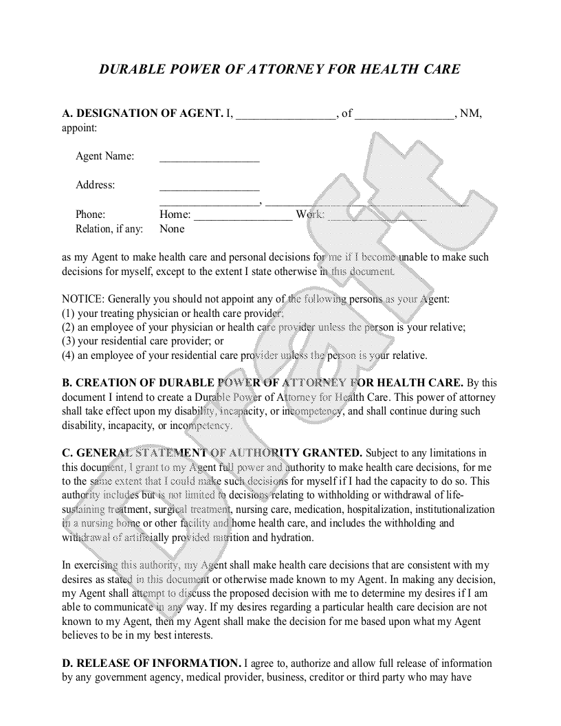 Sample New Mexico Healthcare Power of Attorney Template