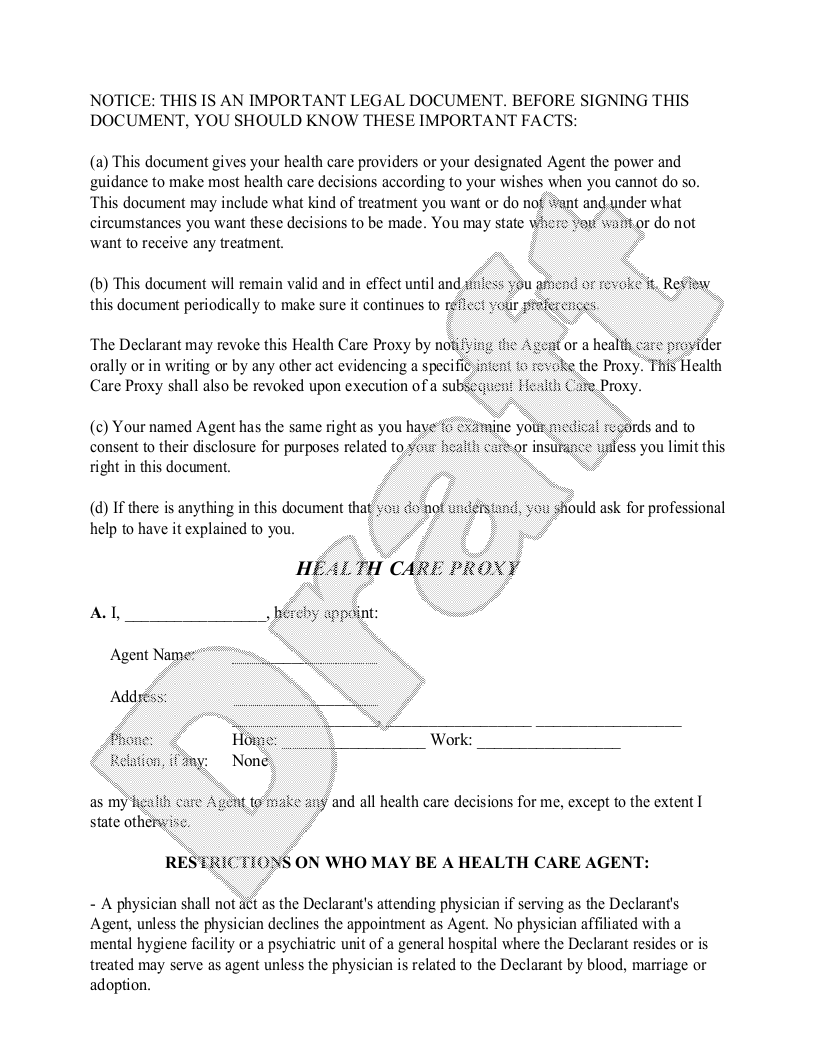 Sample New York Healthcare Power of Attorney Template