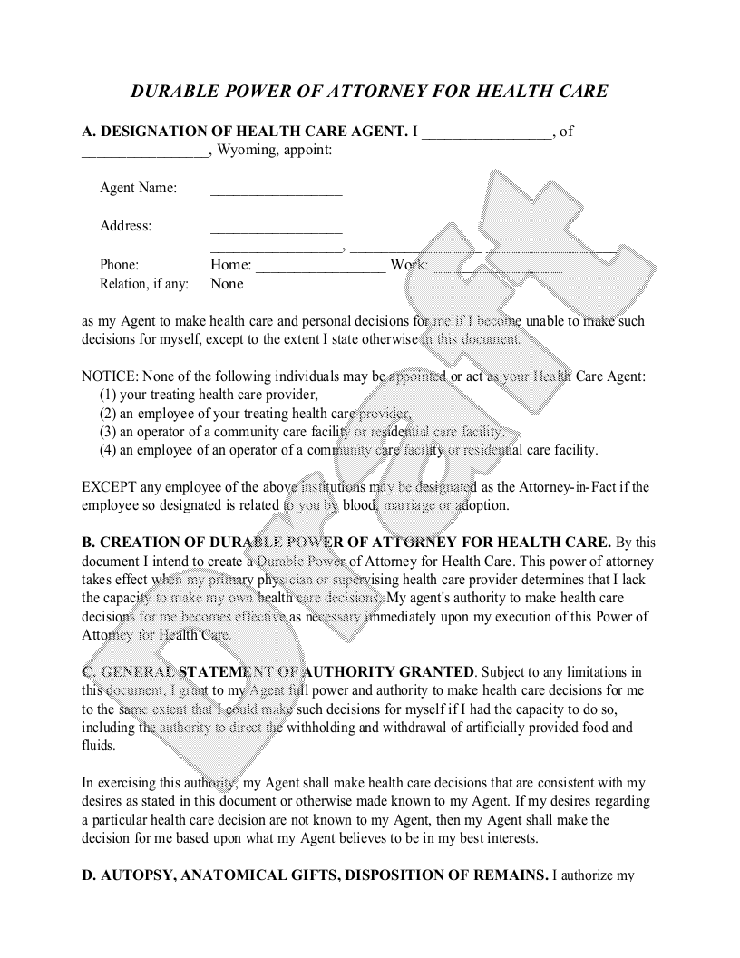 Sample Wyoming Healthcare Power of Attorney Template