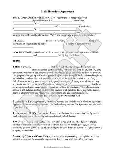 Free Hold Harmless Agreement Free To Print Save Download