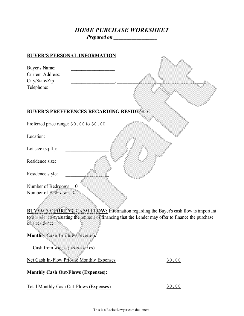 Sample Home Purchase Worksheet Template