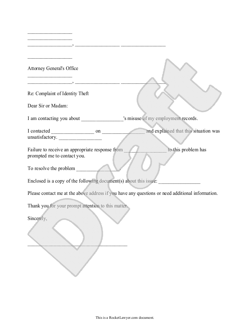 Sample Identity Theft Complaint to an Attorney General Template