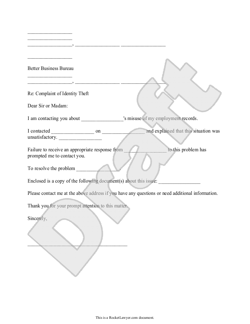 Sample Identity Theft Complaint to the Better Business Bureau Template