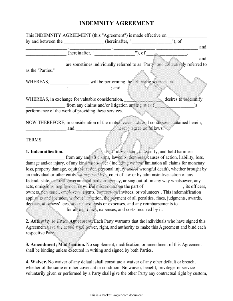 Sample Indemnity Agreement Template