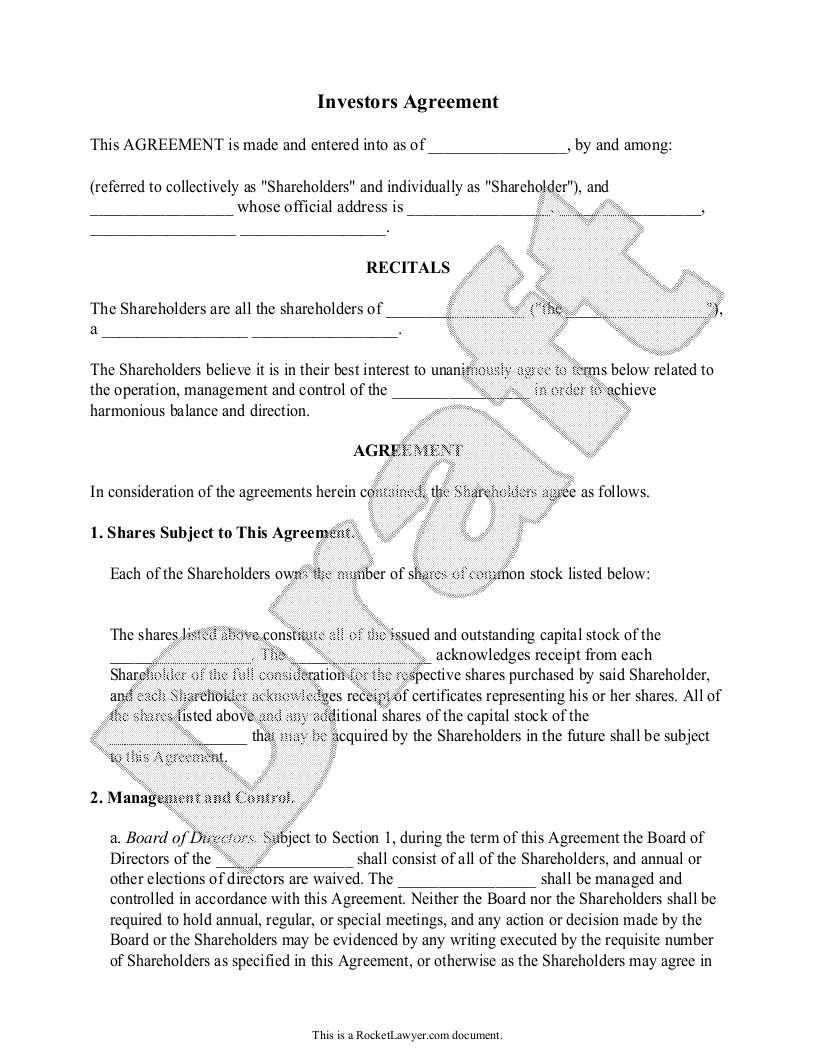Free Investors Agreement  Free to Print, Save & Download Within minority shareholder agreement template