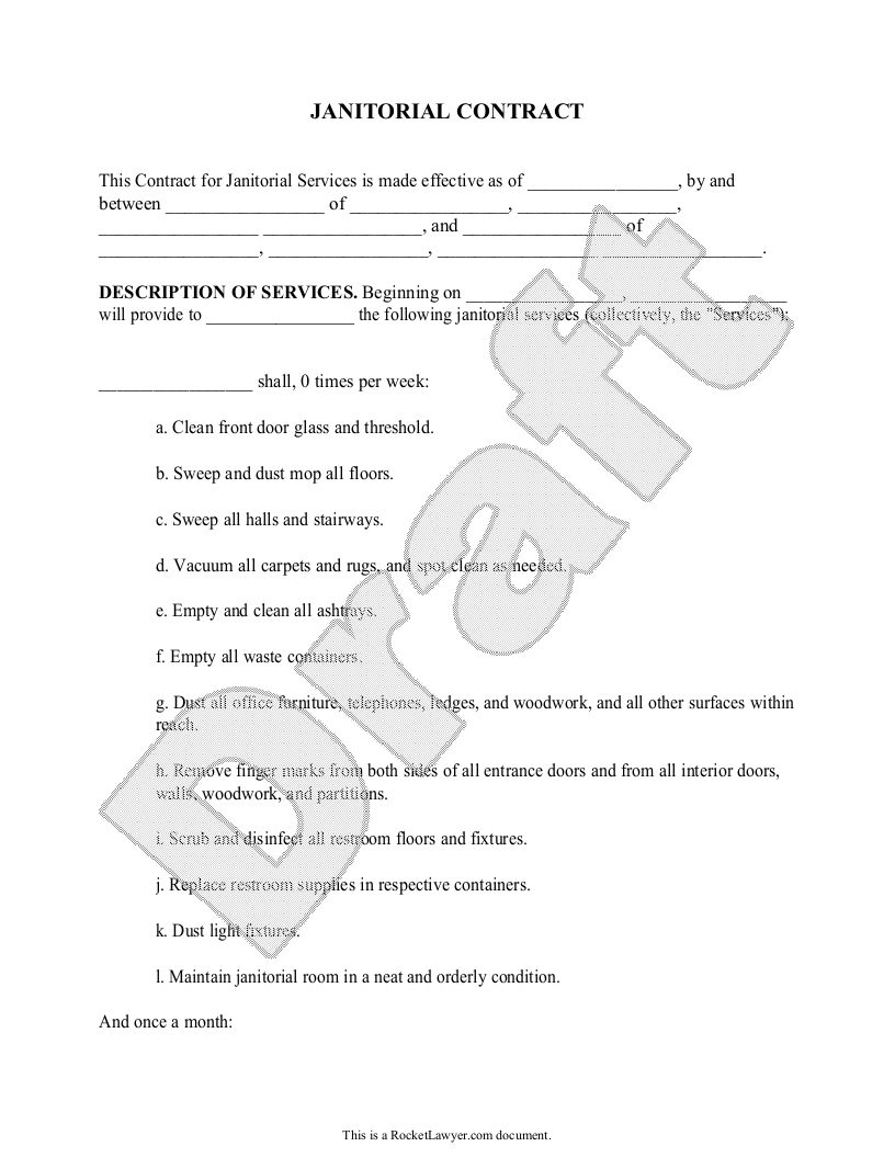 Free Janitorial Contract  Free to Print, Save & Download Inside Cleaning Business Contract Template