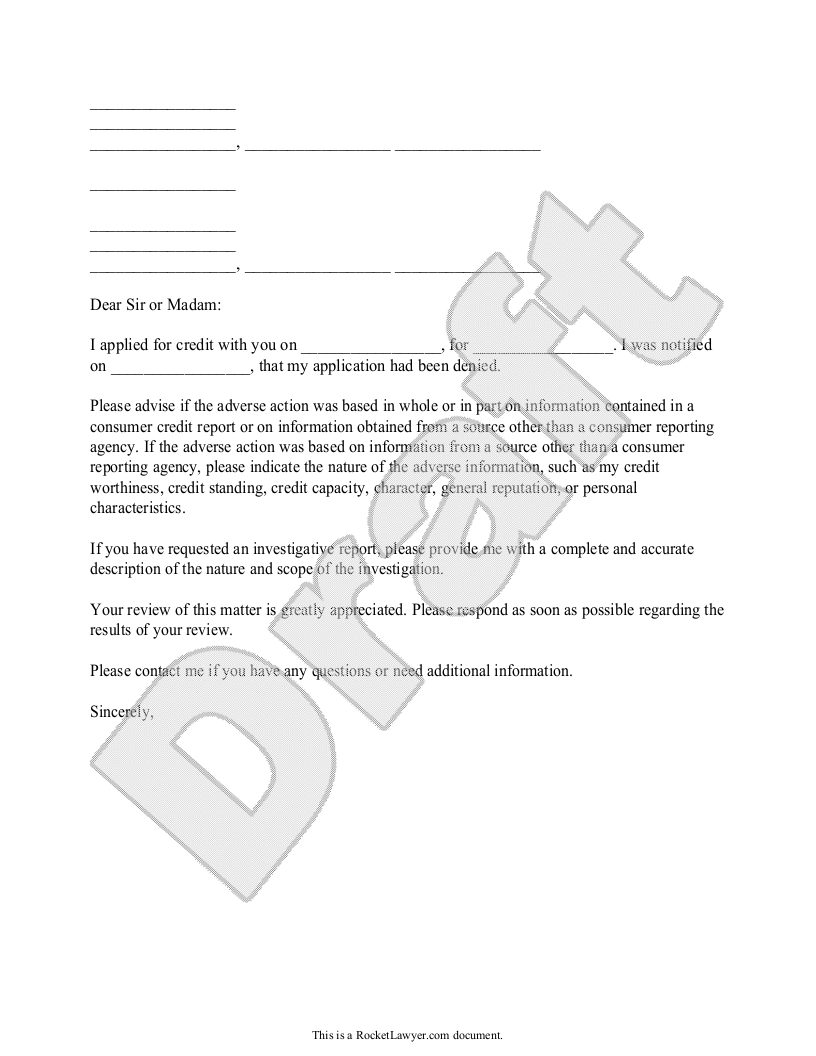 Sample Letter Challenging a Credit Denial Template