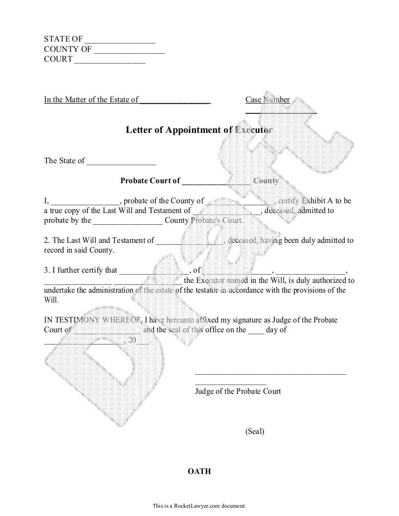 Sample Letter of Appointment of Executor Template