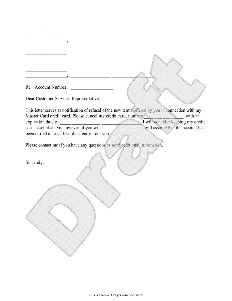 Letter to Cancel a Credit Card (b/c Poor Terms) Rocket Lawyer