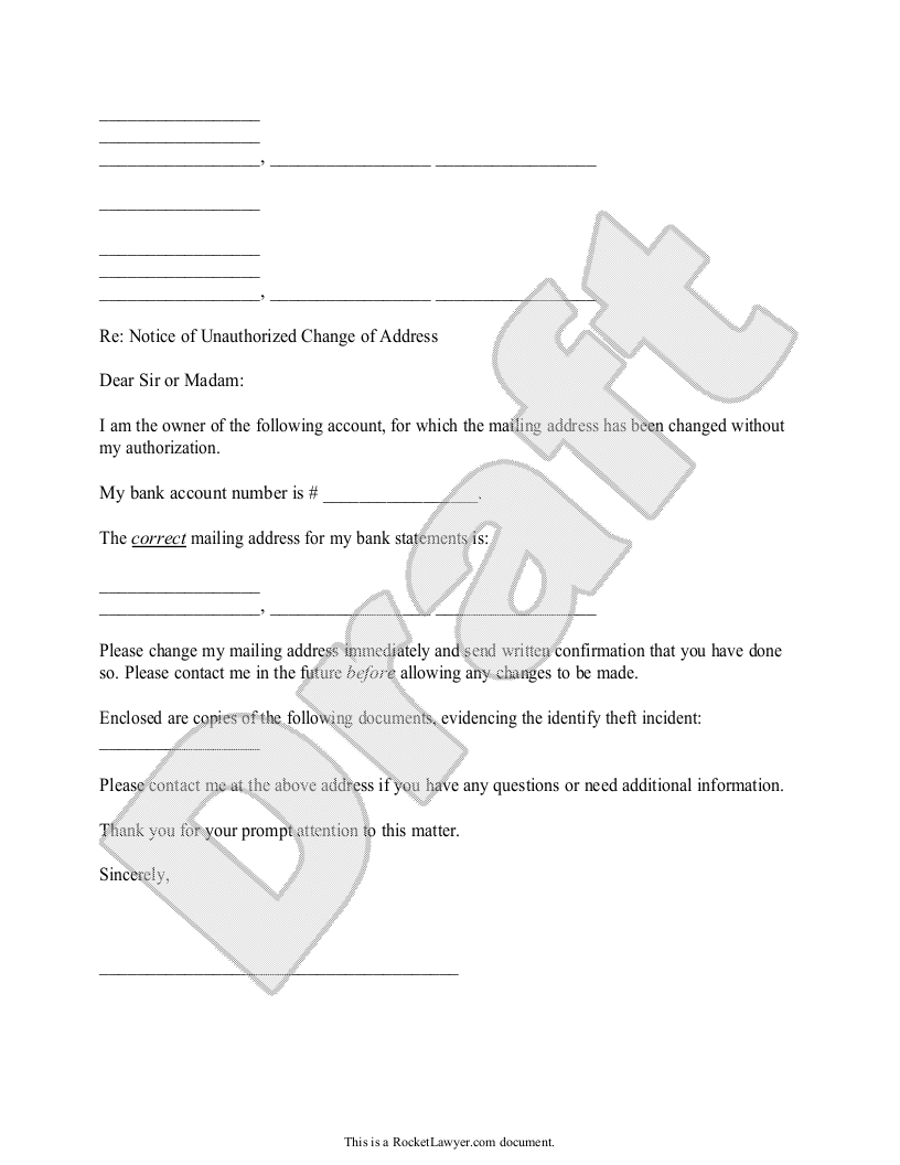 Sample Letter to Notify a Bank of an Unauthorized Address Change Template