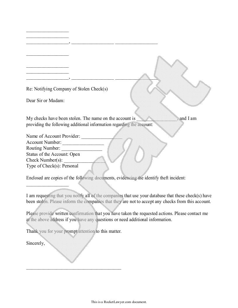 Sample Letter to Notify a Check Verification Company of Stolen Checks or a Fraud Alert Template