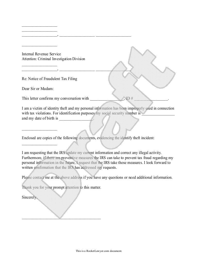 Sample Letter to Notify the IRS of a Fraudulent Tax Filing Template