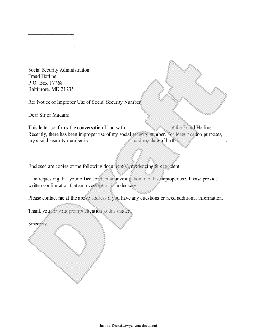 Sample Letter to Report Unauthorized Use of a Social Security Number Template