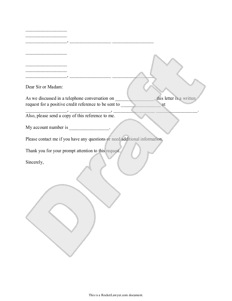 Sample Letter to Request a Credit Reference Template
