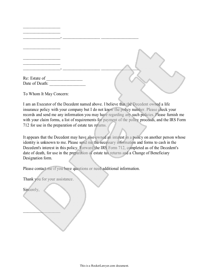 Sample Life Insurance Proceeds Letter Template