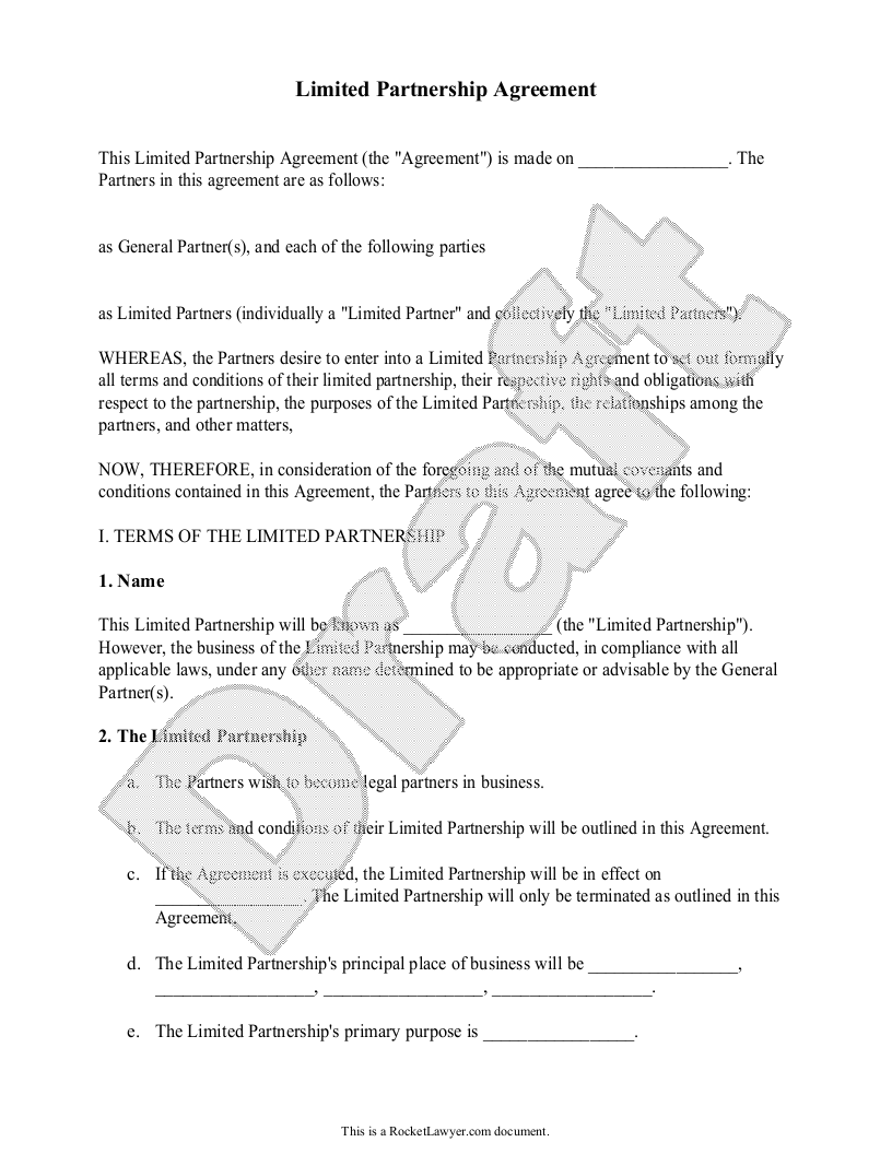 Free Limited Partnership Agreement  Free to Print, Save & Download Within Free Business Partnership Agreement Template Uk