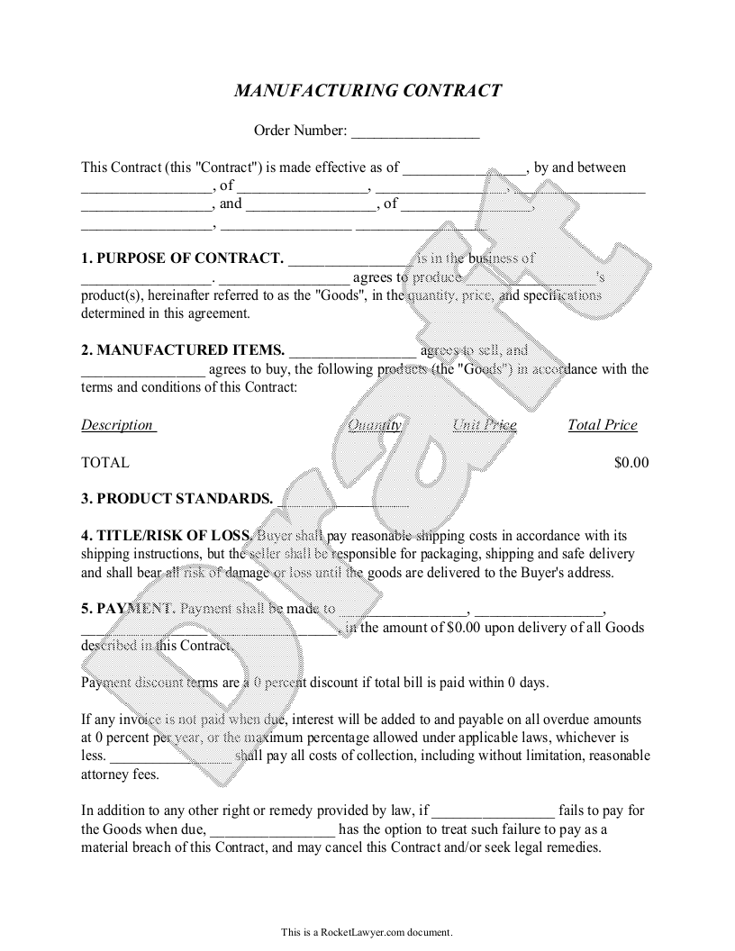 Free Manufacturing Contract  Free to Print, Save & Download Within raw material purchase agreement template