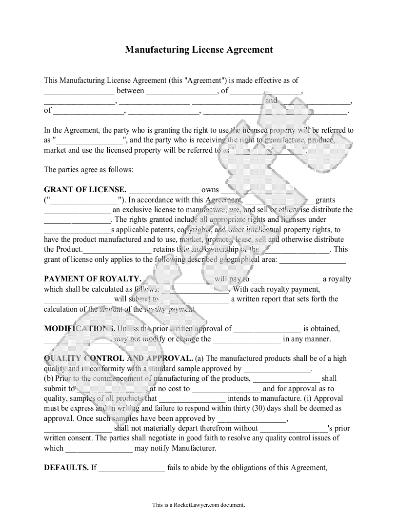 Free Manufacturing License Agreement  Free to Print, Save & Download In free contract manufacturing agreements templates