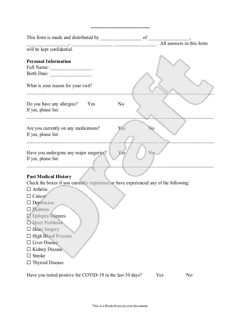 Sample Medical History Form Template