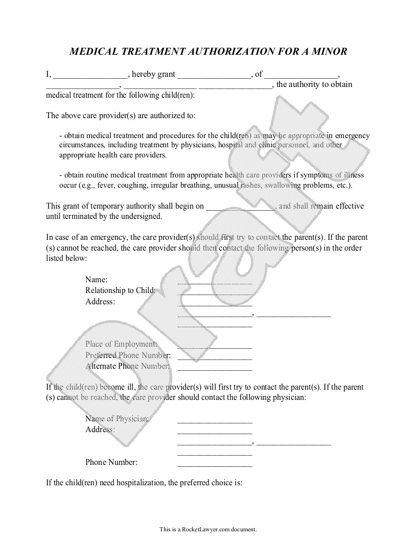 Free medical treatment authorization for a minor form free to print 