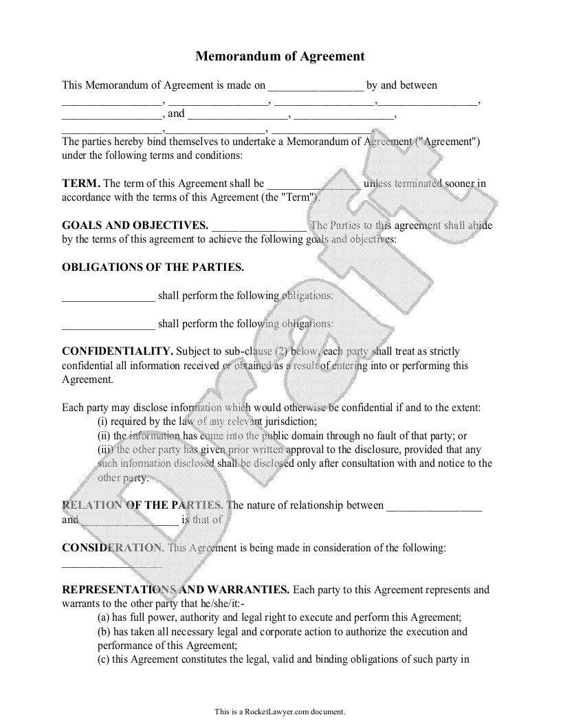 Free Memorandum of Agreement  Free to Print, Save & Download Throughout free binding financial agreement template